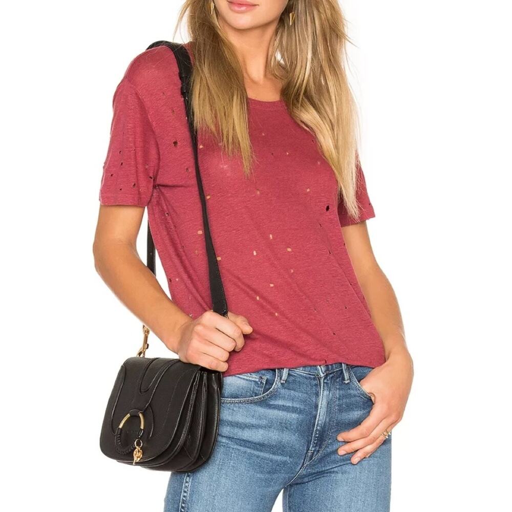 IRO Clay Linen Distressed Short Sleeve Boyfriend Tee in Magnolia Red Size Medium
